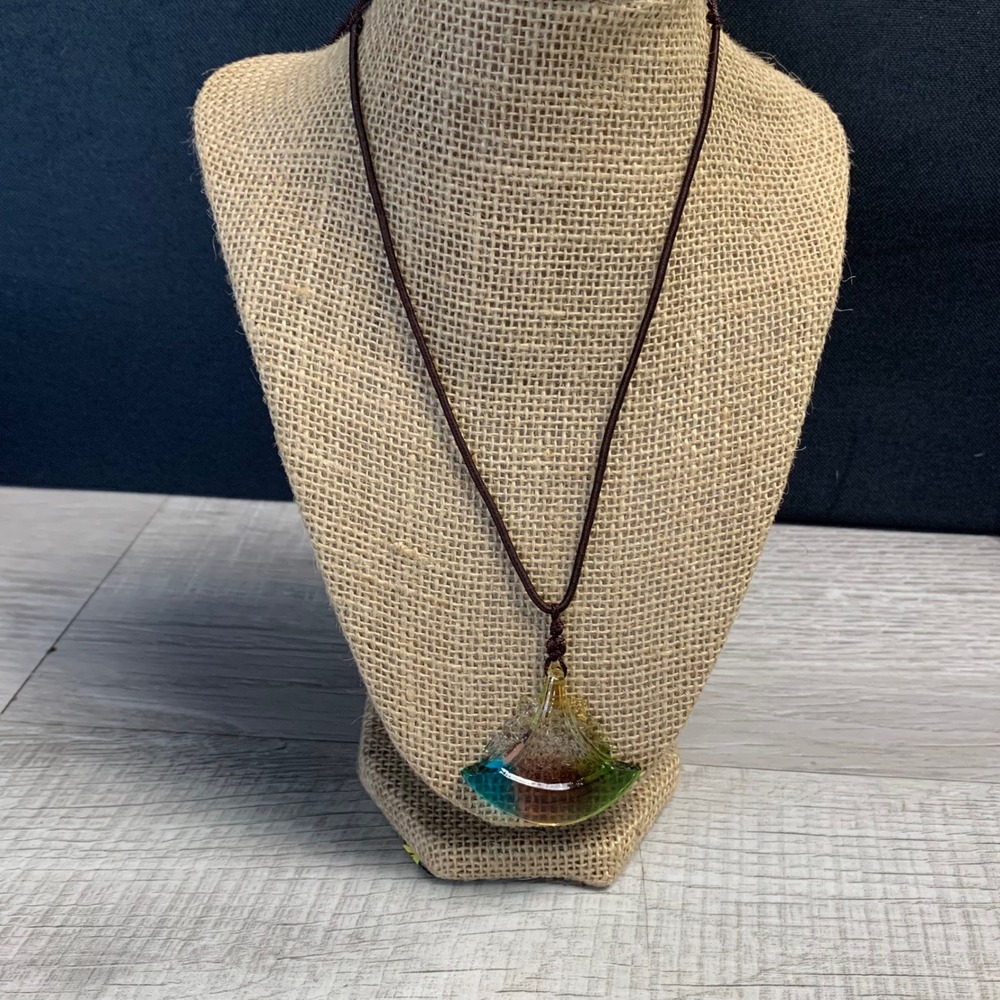 Artisan Multi Color Glass Fan Pendant Necklace Adjustable Brown Cord 18 Inch